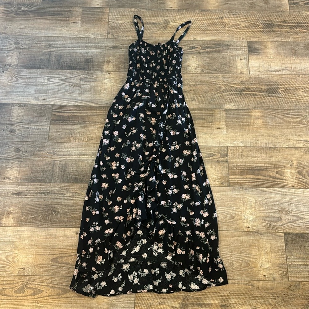 Hollister Long Black Dress With Pink Flowers Adjustable Straps Size XS